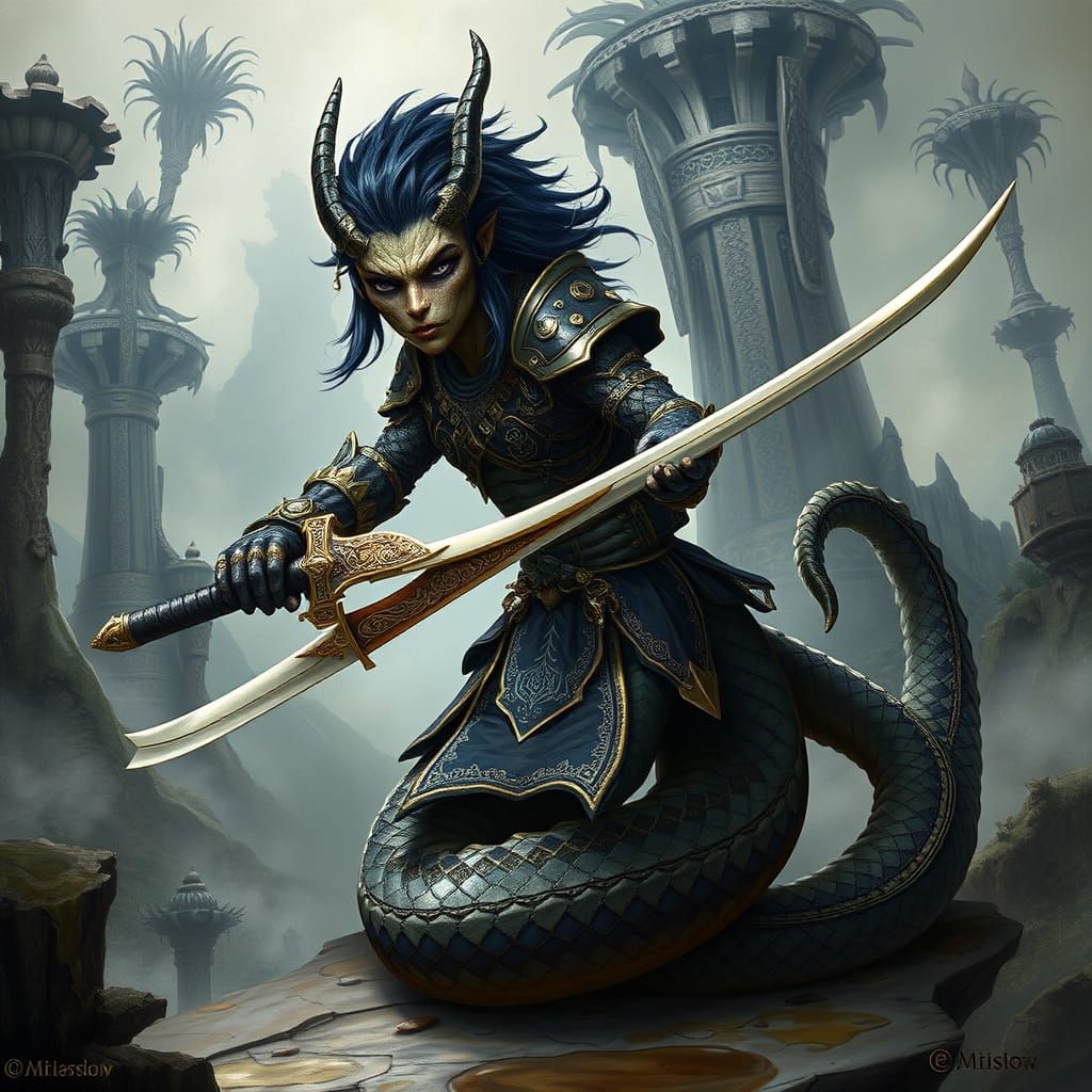Ancient Serpent-Folk Warrior in Exotic Akavir Landscape