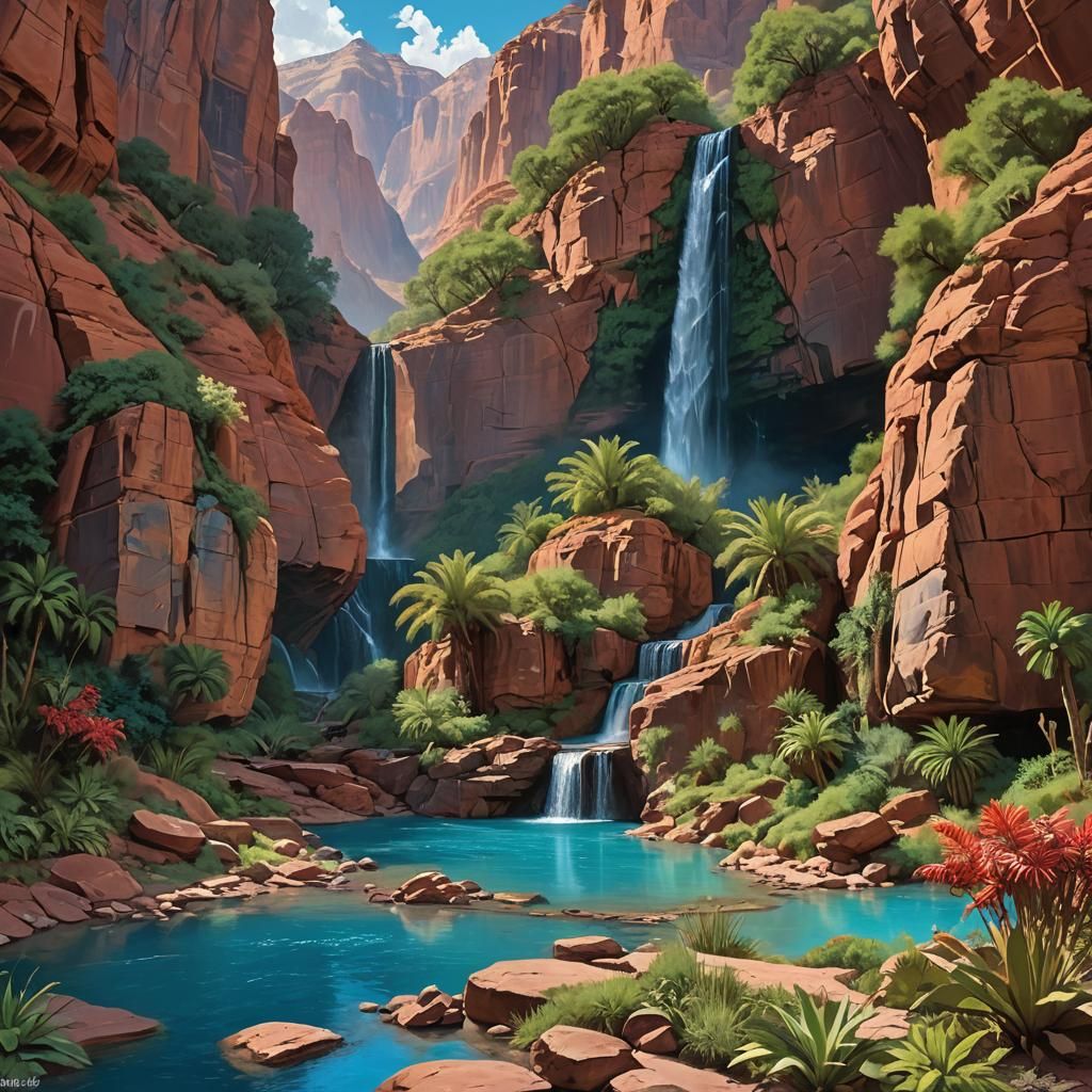 Secluded Waterfall Oasis in Rugged Canyon, Detailed Matte Pa...