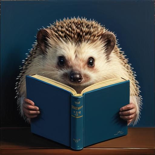 Hedgehog Reading a Book in Oil Painting Style