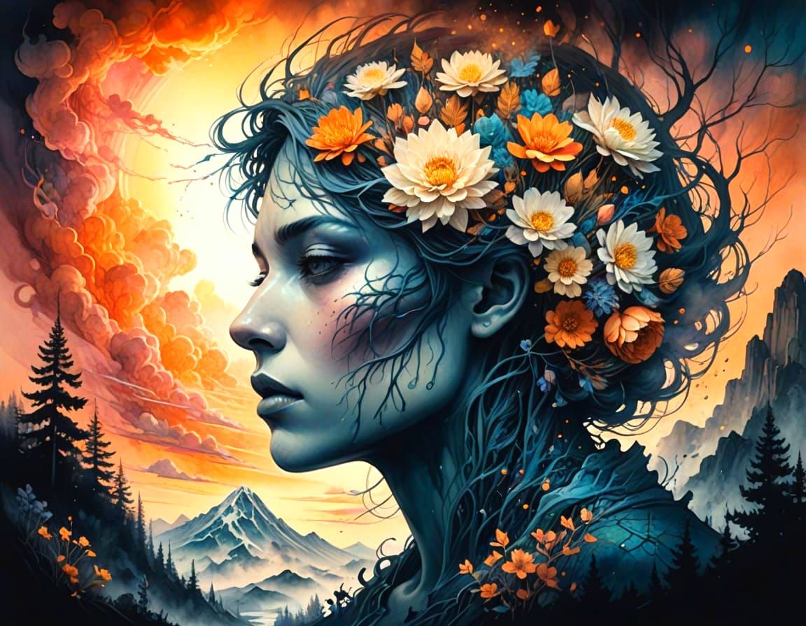 Ethereal Surrealism: Trees and Flowers Erupt from a Dreamy H...