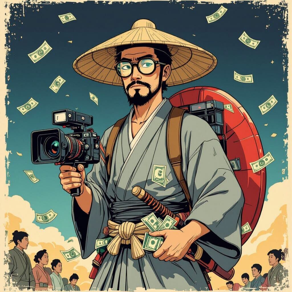 Samurai with Camera and Shield Collecting Falling Money