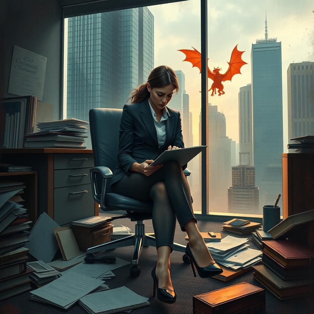 Frustrated Woman in Office with Dragon, Matte Painting