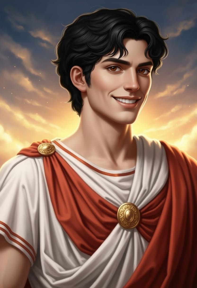 Young Man in Classical Greek Style with Dramatic Sky