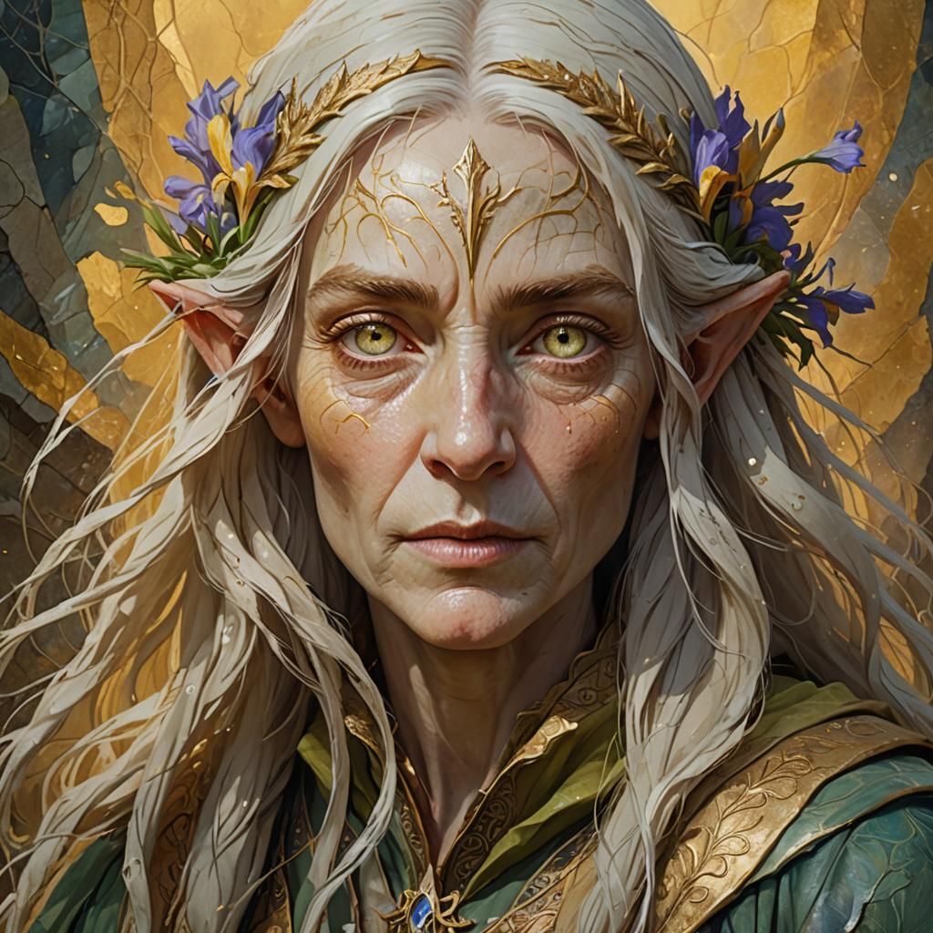 Aged Elvish Maiden with Magic Aura, Hyperrealistic Art