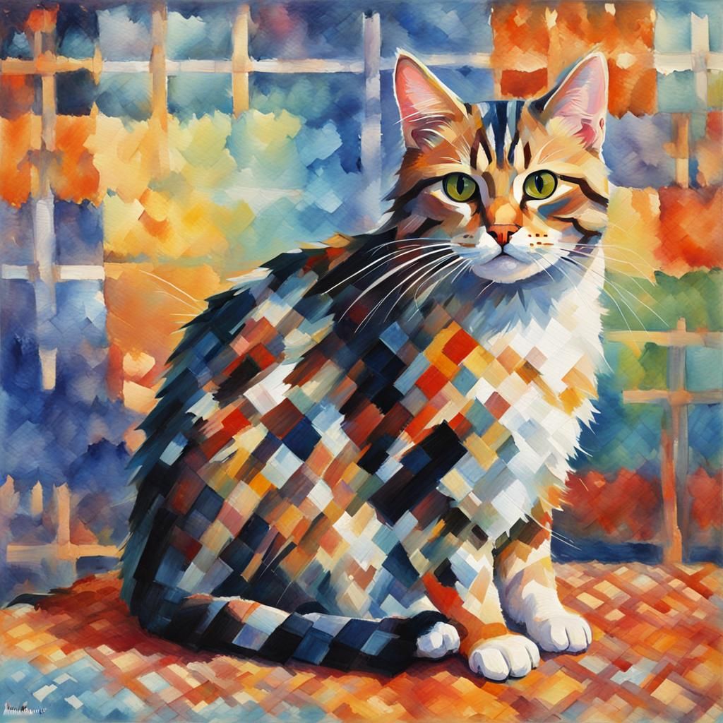Plaid Patterned Cat in Gouache Impressionist Style