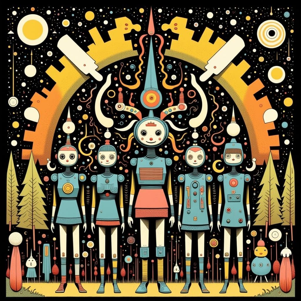 Joyful Retrofuture Robot Ritual in Vibrant Abstract Postpunk...