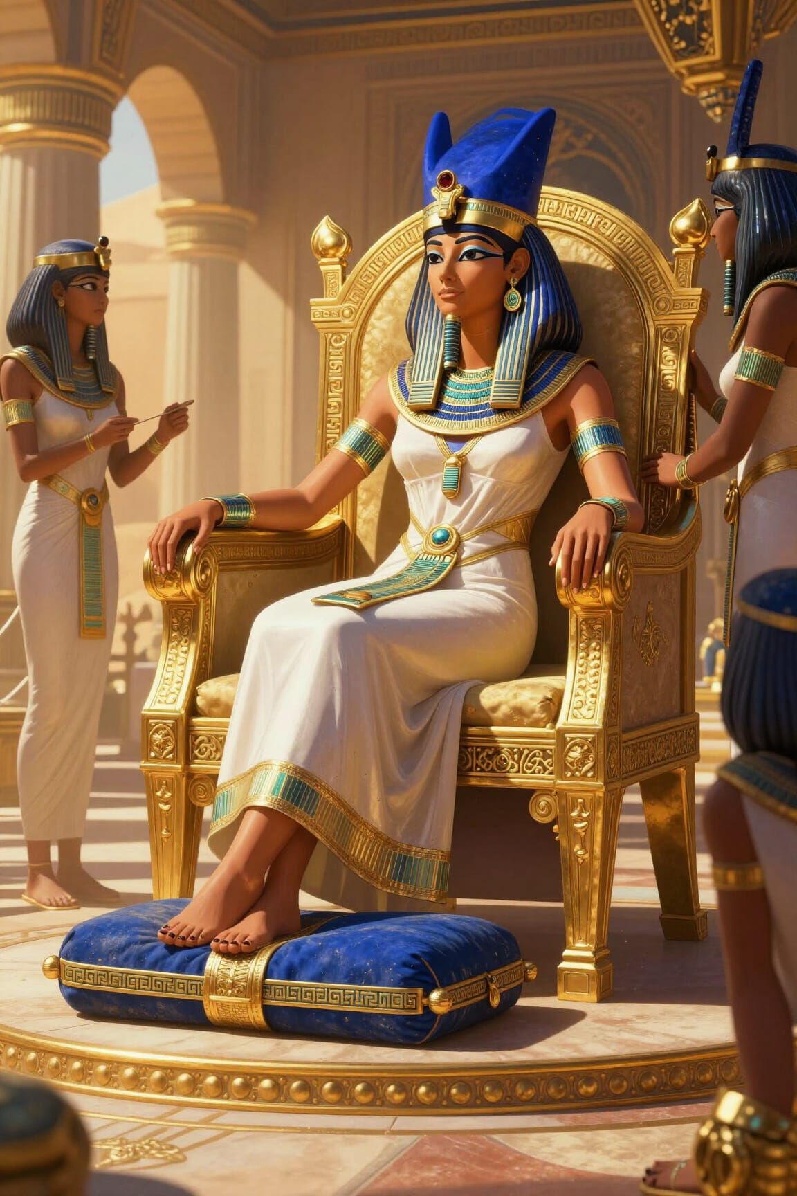 Cleopatra on Gold Throne Surrounded by Servants in Digital A...