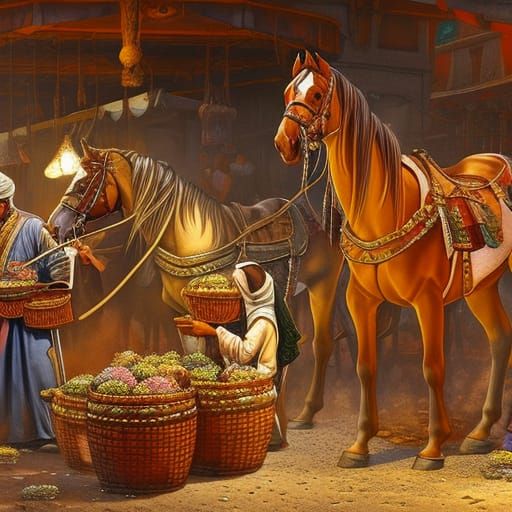 medieval Arabian market, horses, fruit baskets, gold sellers, detailed fine art