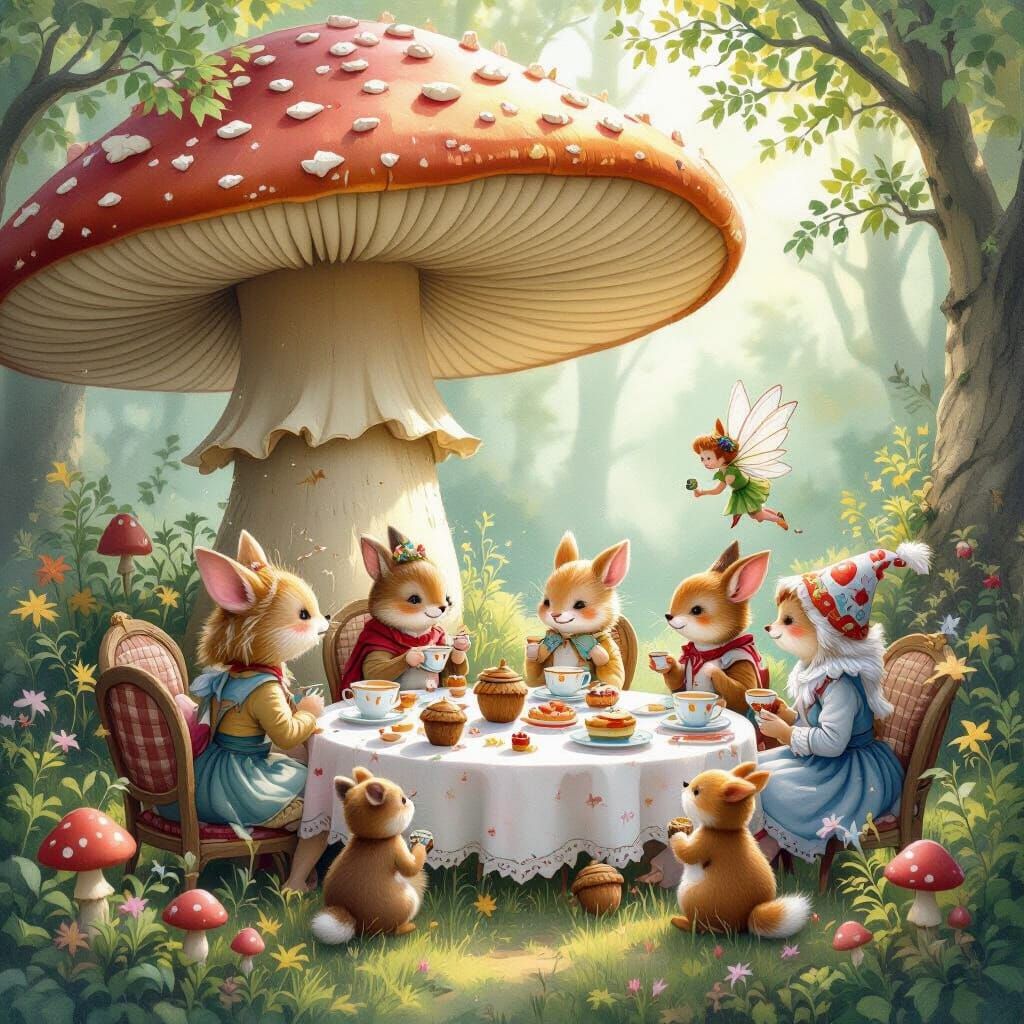 Enchanted Tea Party with Woodland Creatures, Fairy Tale Illu...