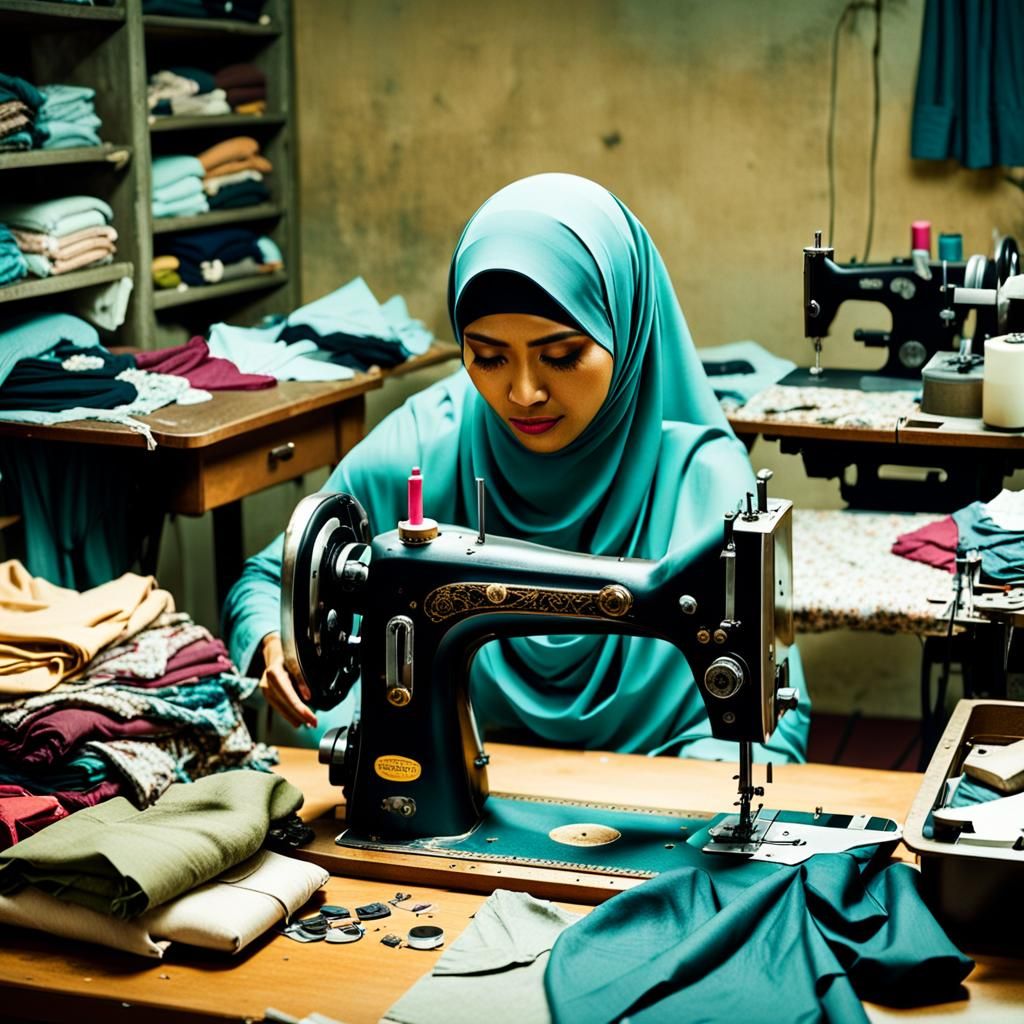 Malay Woman Sewing Clothes with Tired Expression
