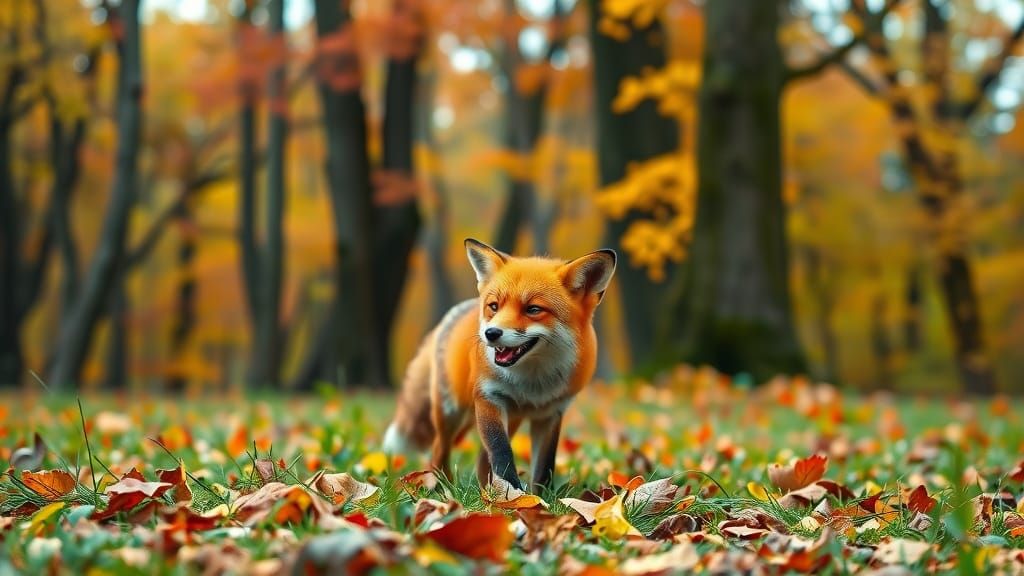 Autumn Fox Plays in Serene Oak and Chestnut Forest