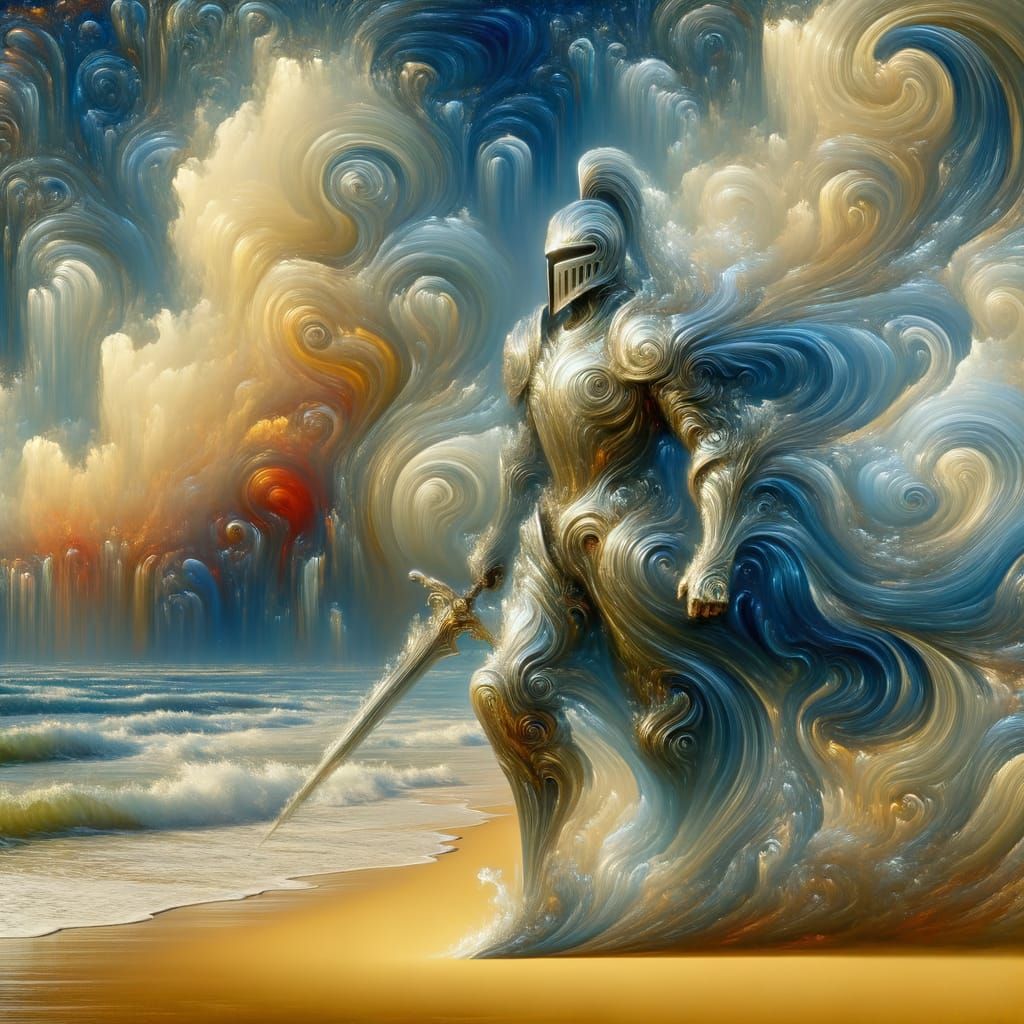 Knight in Fluid Water Armor on Beach
