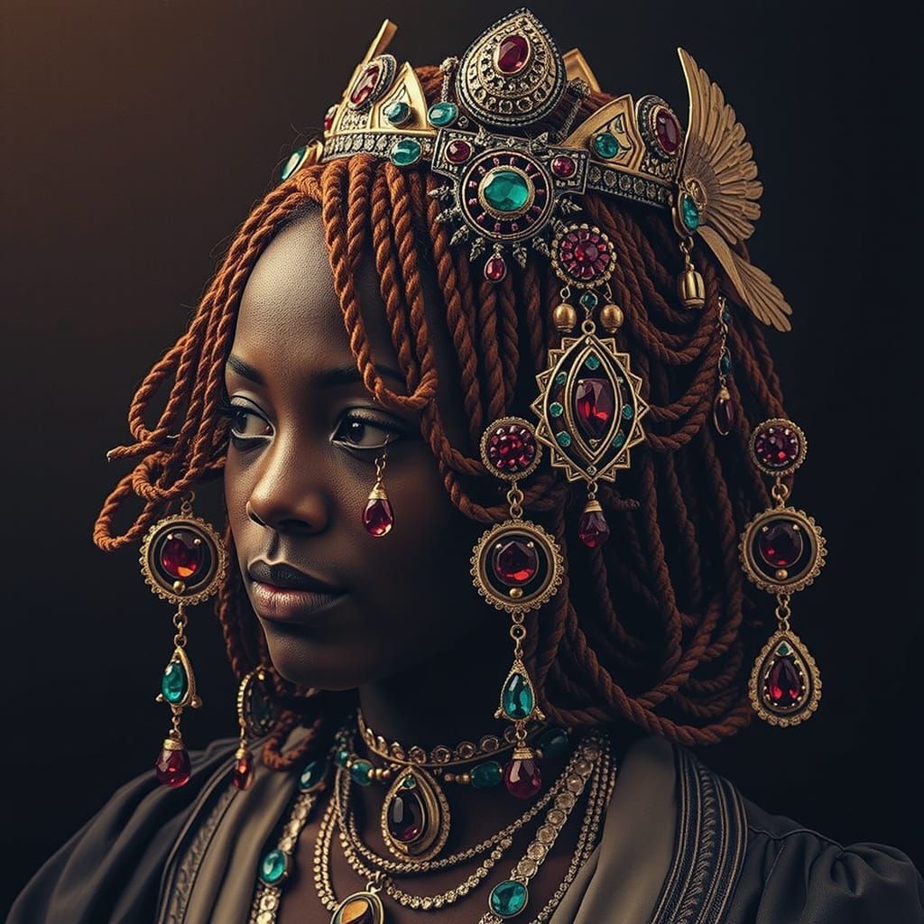 Sovereign Woman With Ancient Eyes and Emerald Jewels
