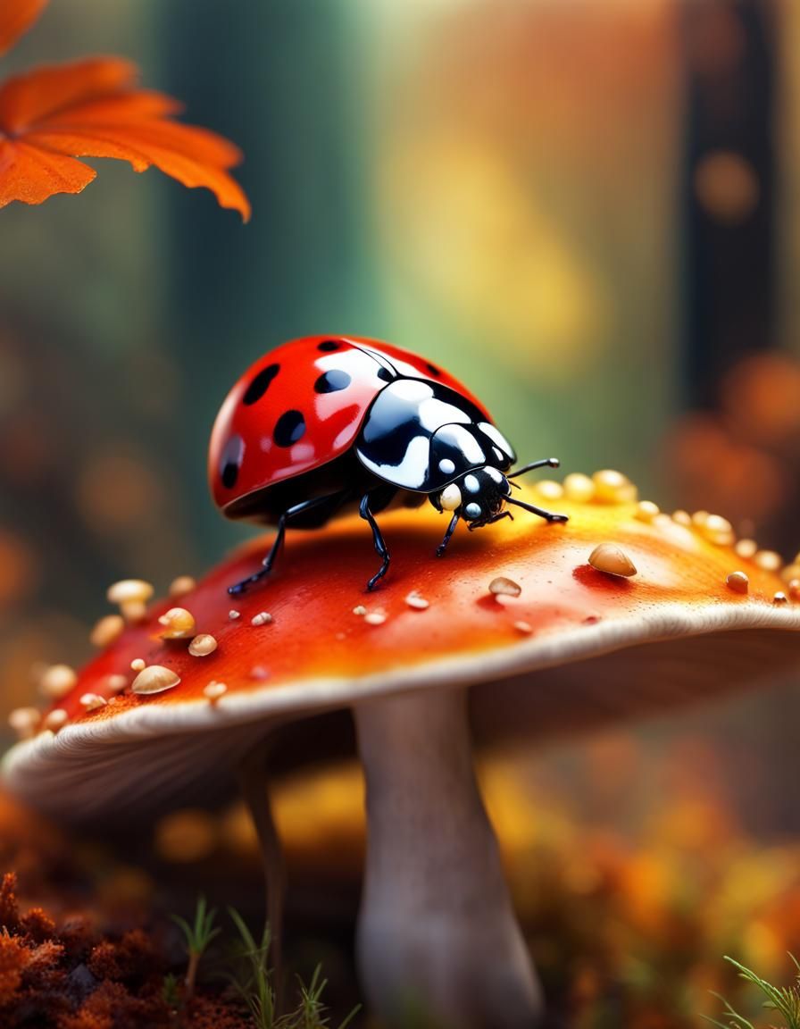 Ladybug Portrait in a Hyperrealistic Autumn Forest
