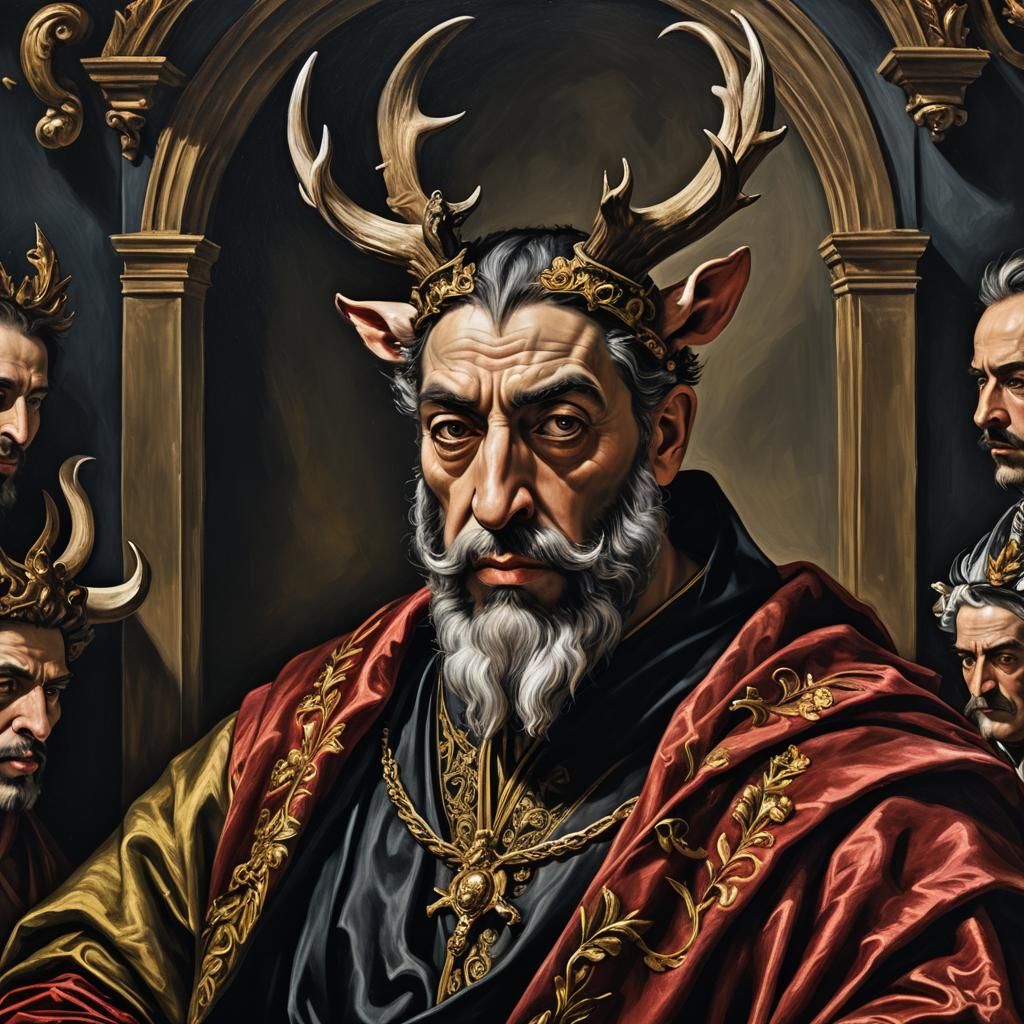 Antlered Hippo-Man Portrait in Baroque Style