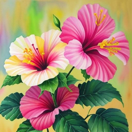 Watercolor hibiscus flower, with impasto, oil painting, real...