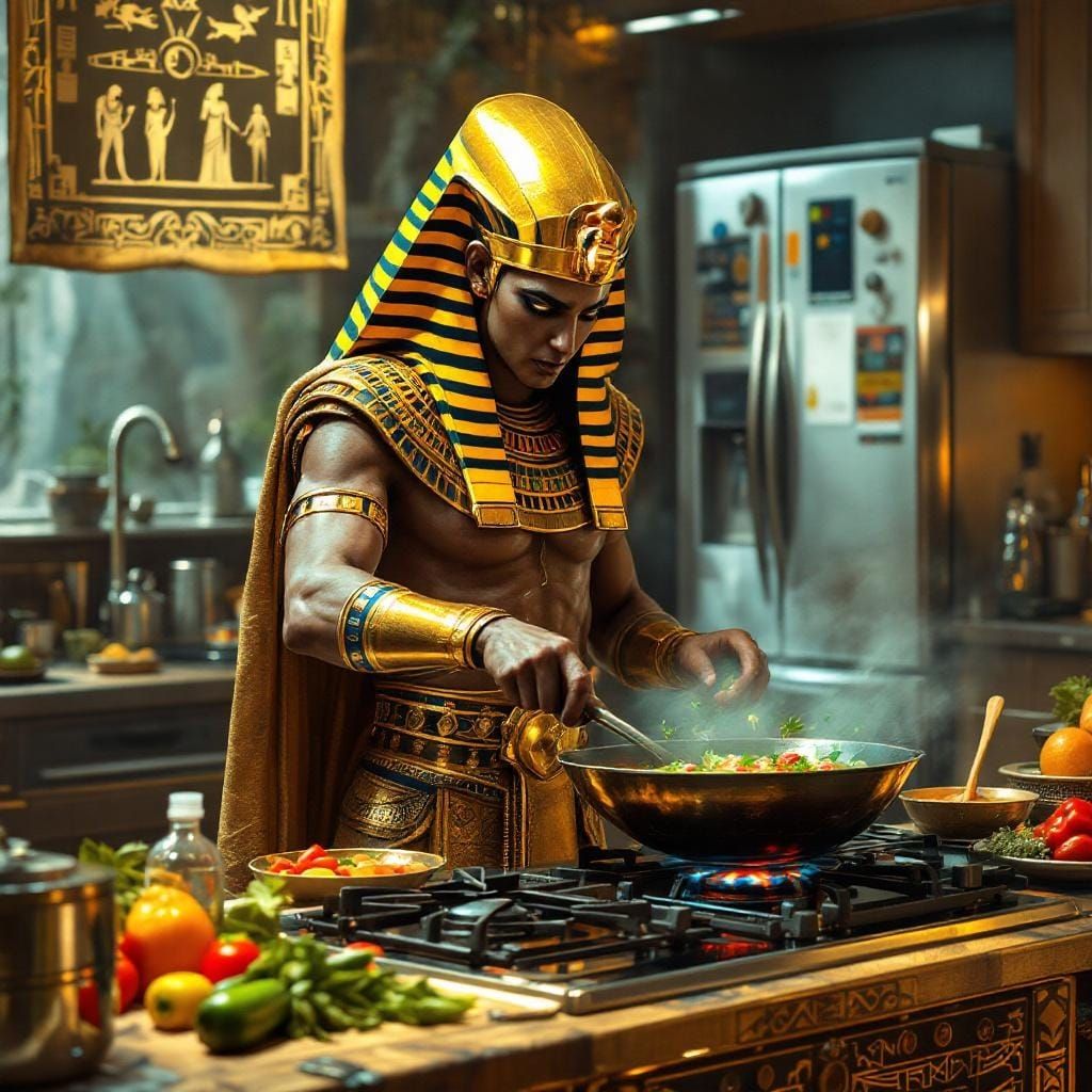 Pharaoh Cooks in Modern Kitchen, Digital Painting Style