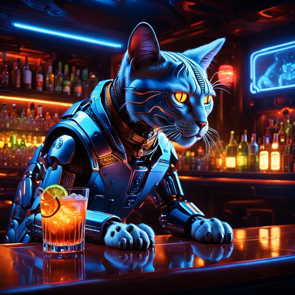 Robot Cat in a Mystical Bar Scene