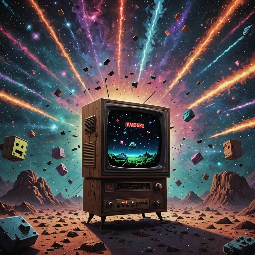 Retro TV Playing Space Invaders in Space
