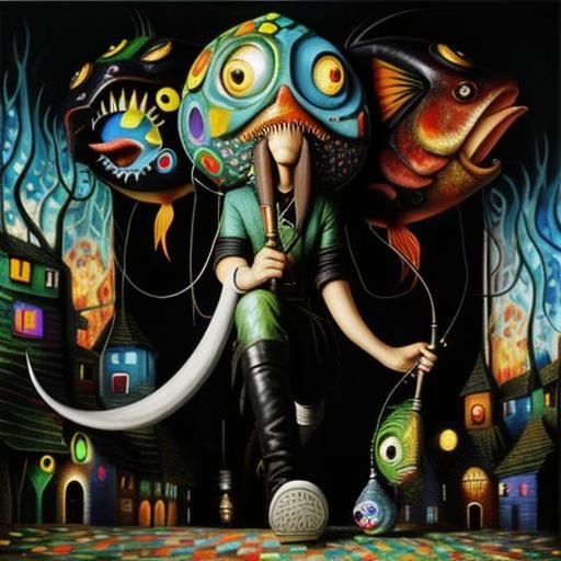 Anglerfish Mosaic: An Oil Painting in Pop Surrealist Style