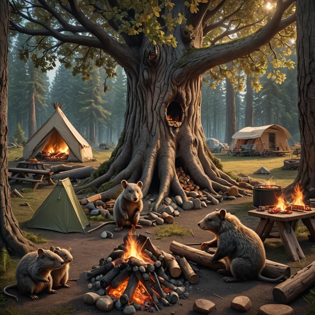 Cozy Campsite with Mouse Family and Grizzly