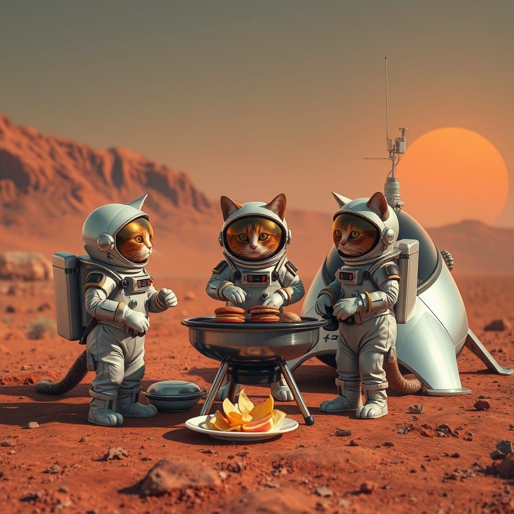 Cats Grill on Mars in Futuristic BBQ Scene
