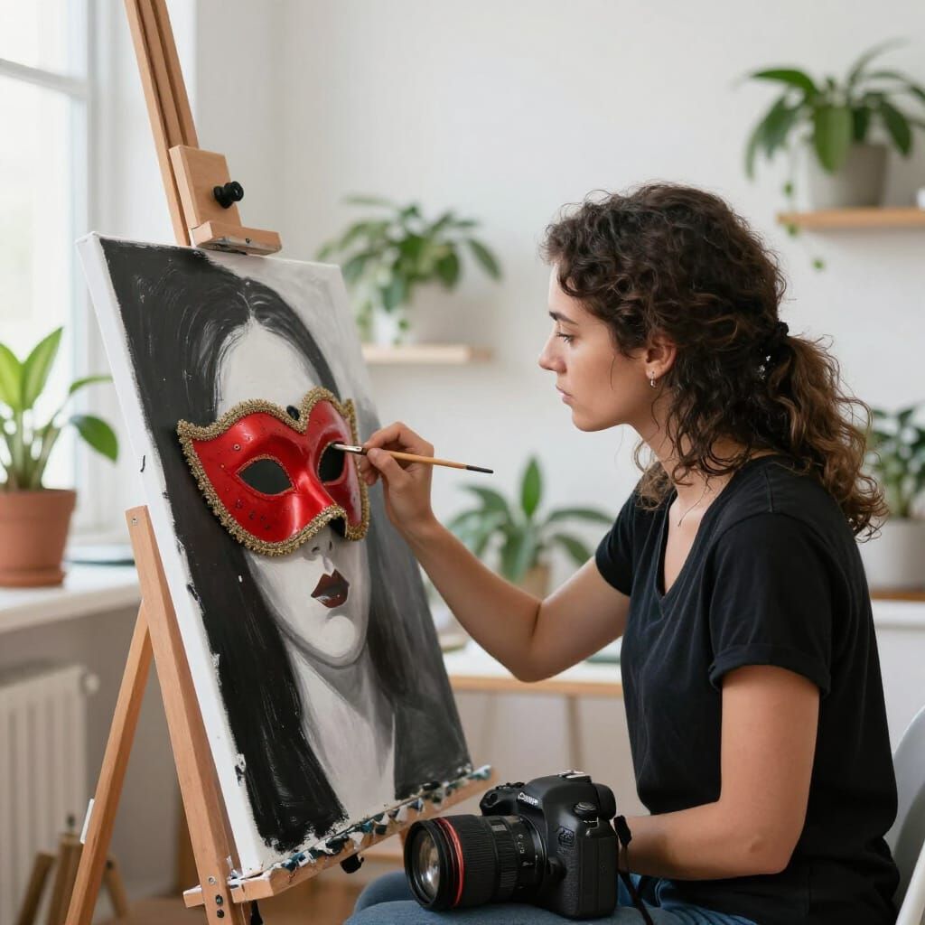 Artist Captures Venetian Mask in Vibrant Studio