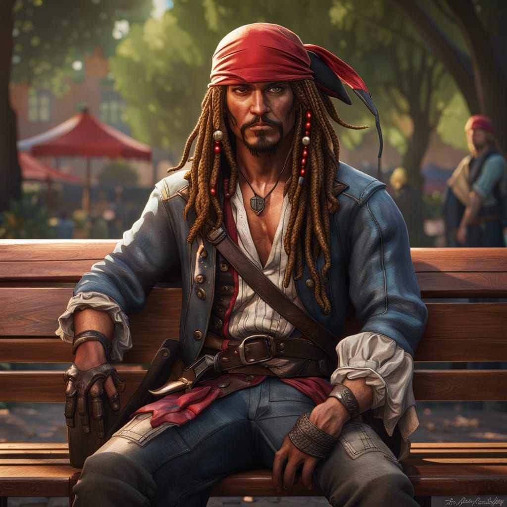 Captain Jack Sparrow sitting on a park bench