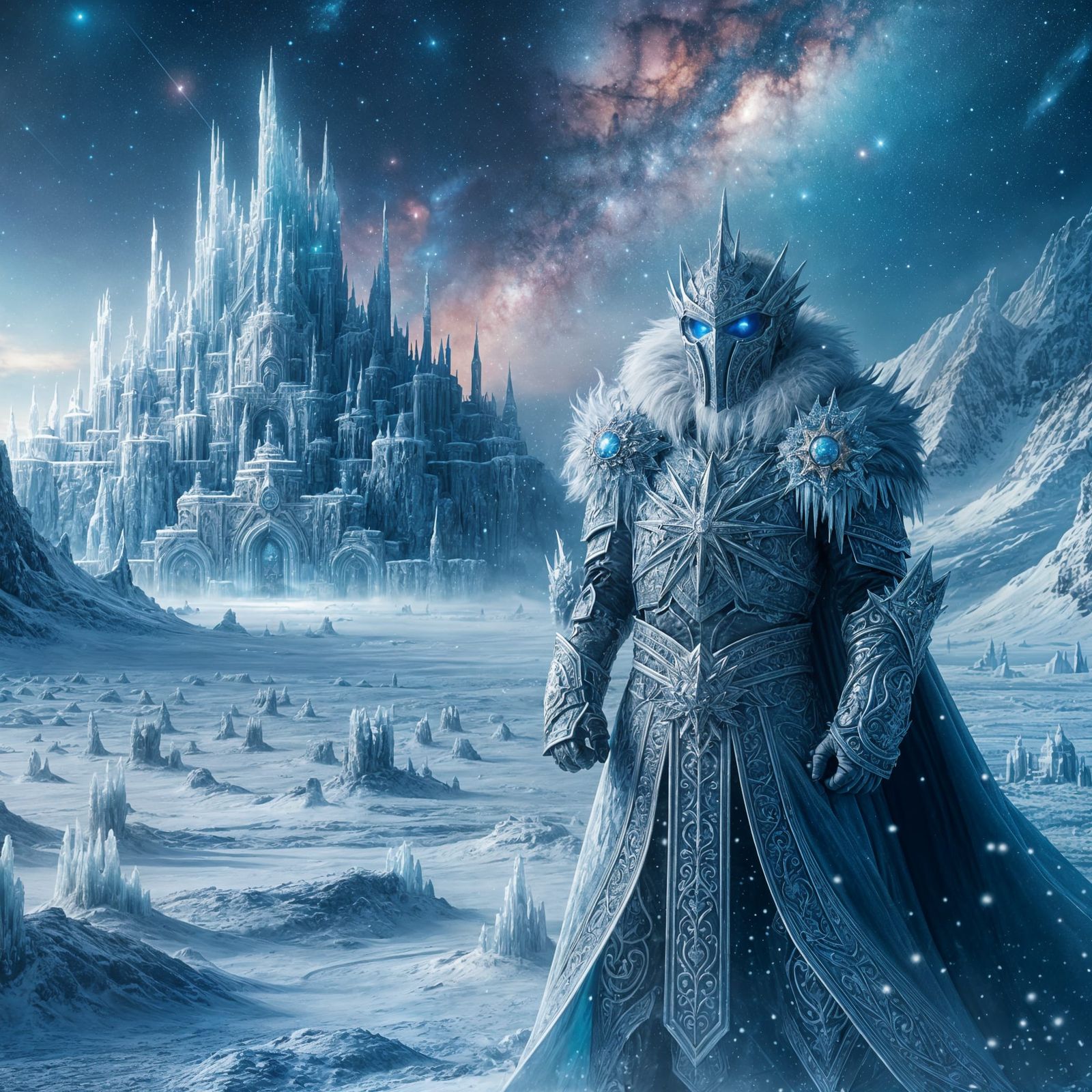 Ice Fantasy, male ice royal knight in ceremonial armor watching at a distance, on an apocalyptic icy battlefield, Ice re...