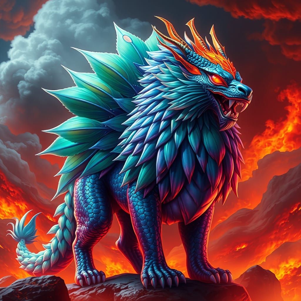 Majestic Lion-Peacock-Dragon Hybrid in Iridescent Splendor