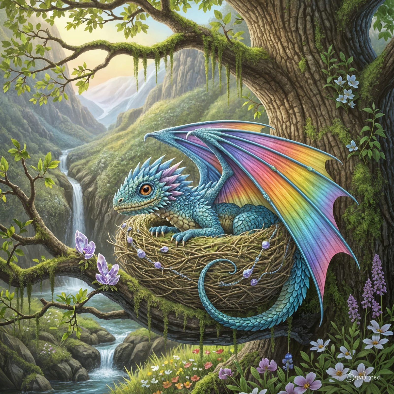 Rainbow Dragon Hatchling in Moss Nest, Australian Tonalism S...