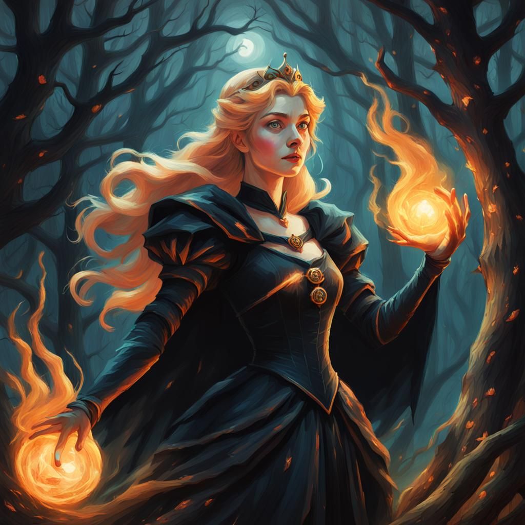 Princess Peach as Dark Witch in Forest, Oil Painting