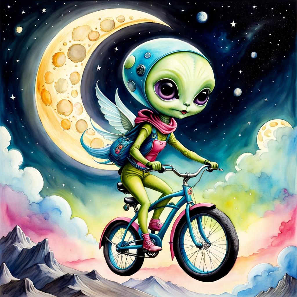 Colorful Alien Fairy Rides Bike Over Moon