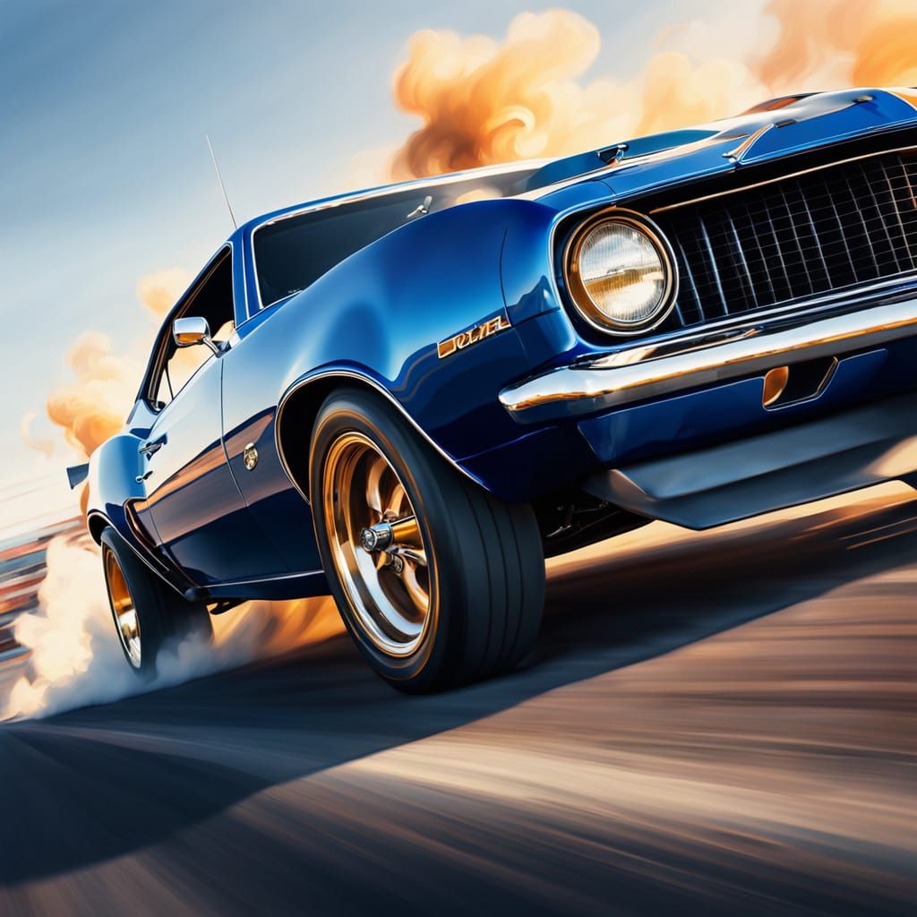 Royal Blue Camaro Burning Rubber in Retro Oil Painting