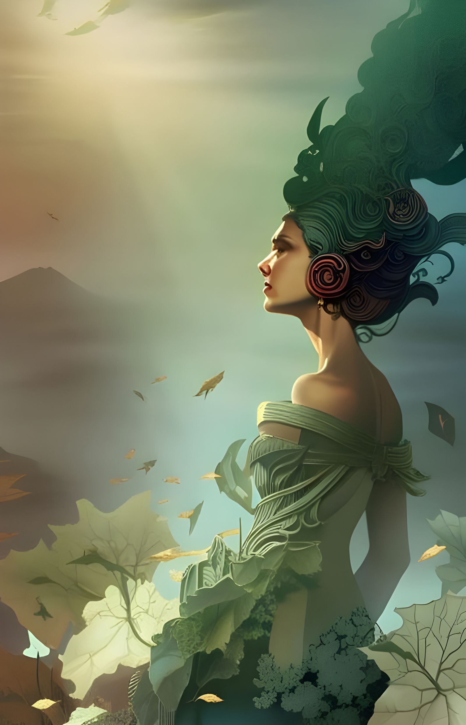 Vegetable Hair Woman in Romantic, Fractal Style