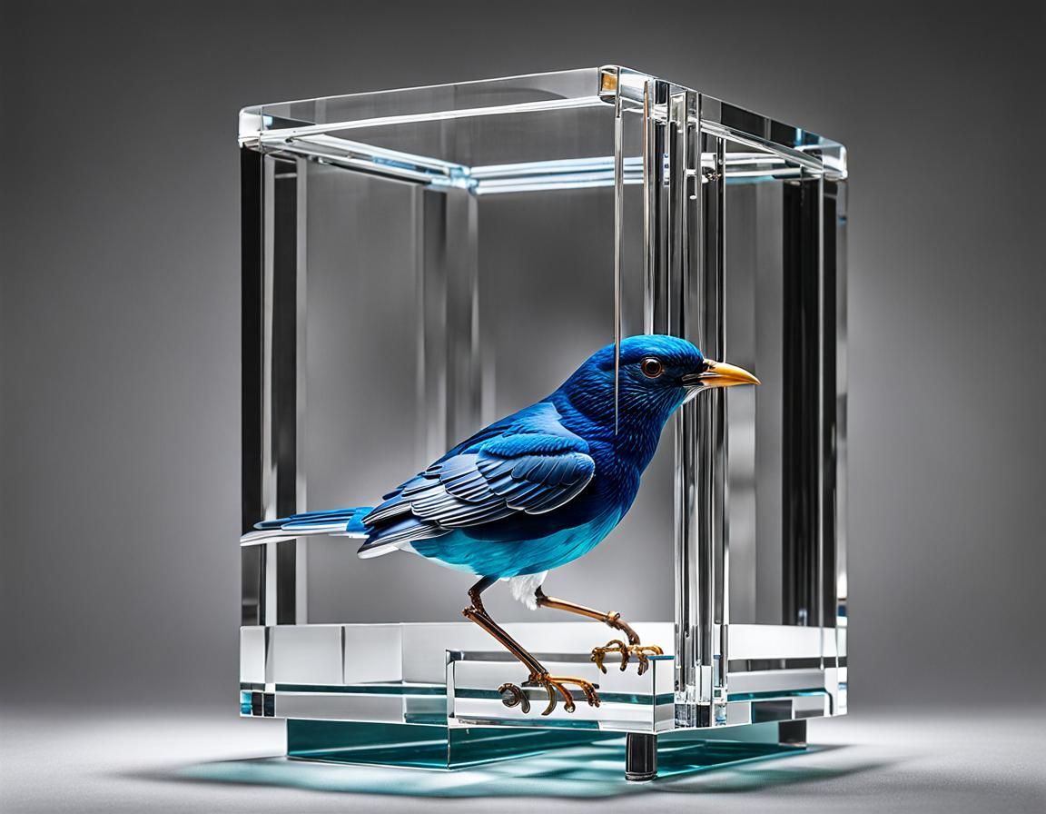 Glass Bird Sculpture in Crystal Cage, Hyperrealistic Art