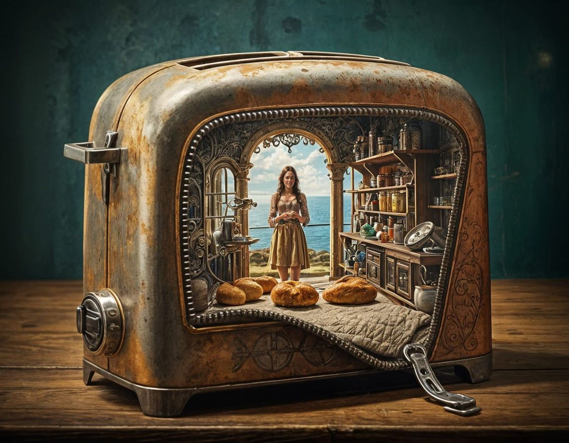 Surreal Kitchen Scene Reveals Prehistoric Cafe Beneath Toast...