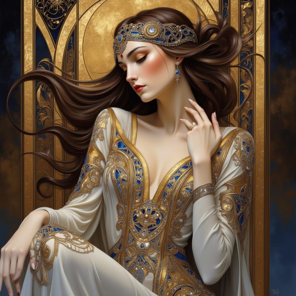 Fantasy Woman in Ornate Gown with Flowing Hair
