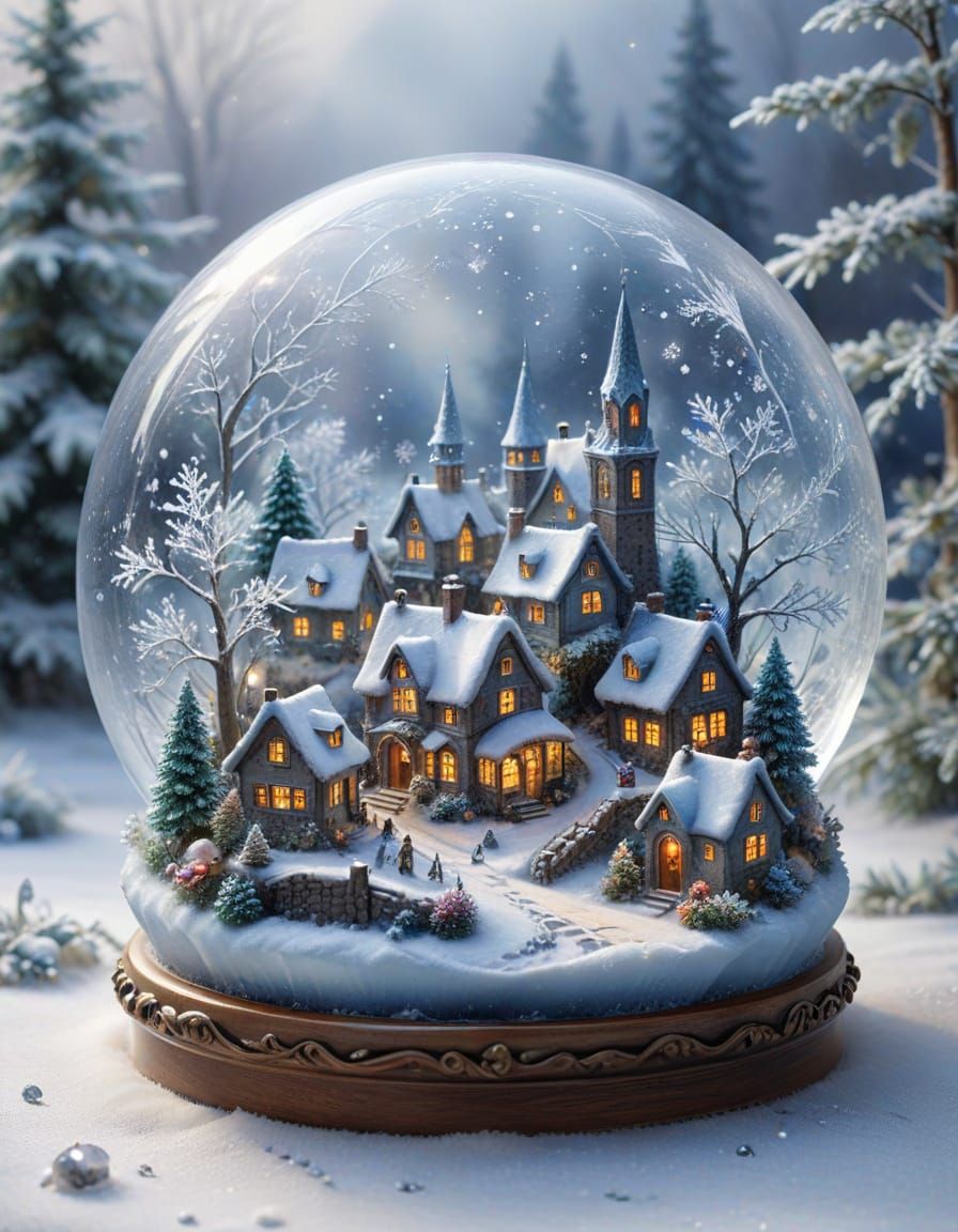 Ethereal Watercolour Village in Crystal Snowflake