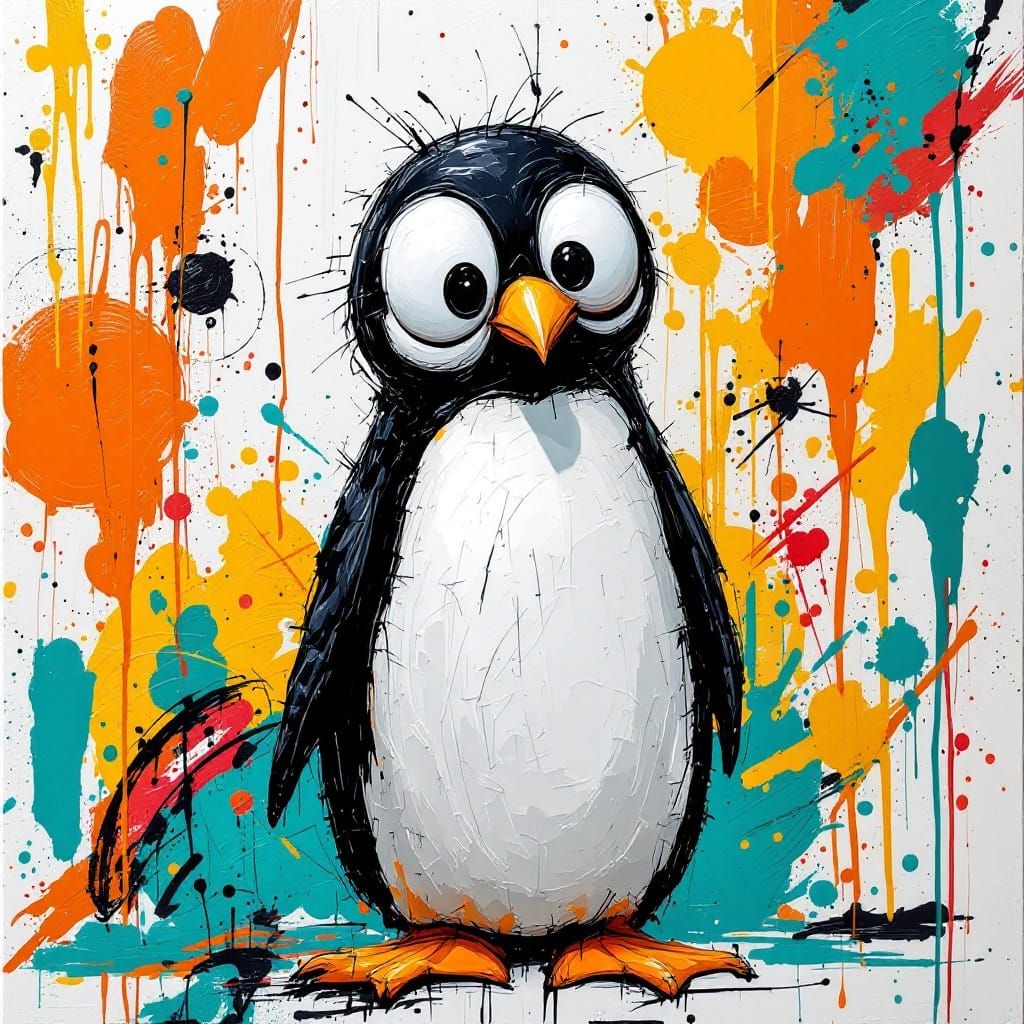 Vibrant Pop Art Penguin in a Chaotic Urban Landscape