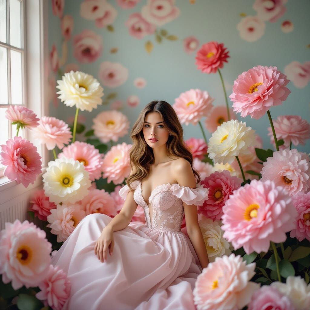 Fashion Model Among Giant Pastel Flowers in Dreamy Light