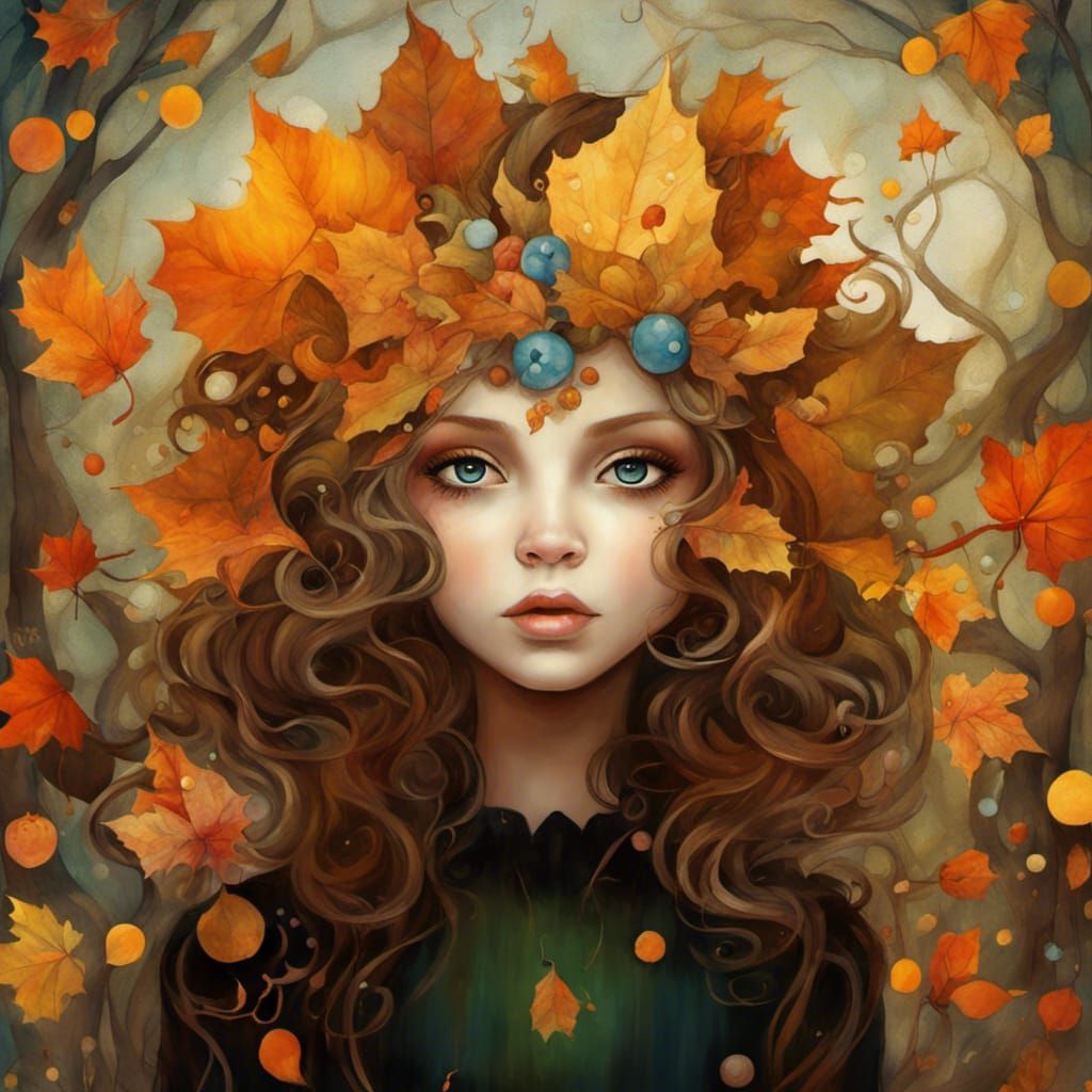 Cute Fairy in Fall, Digital Pointillist Painting