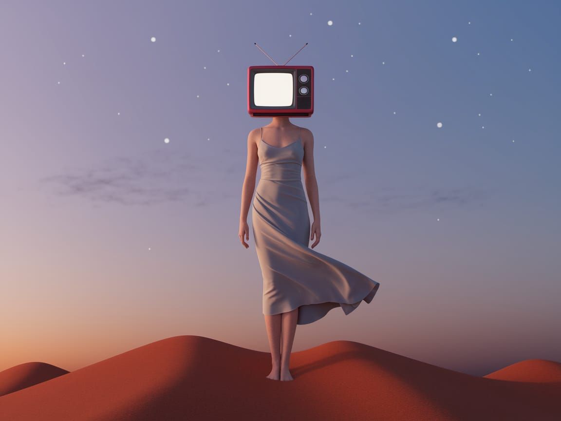 Woman with TV Head in Twilight Digital Art