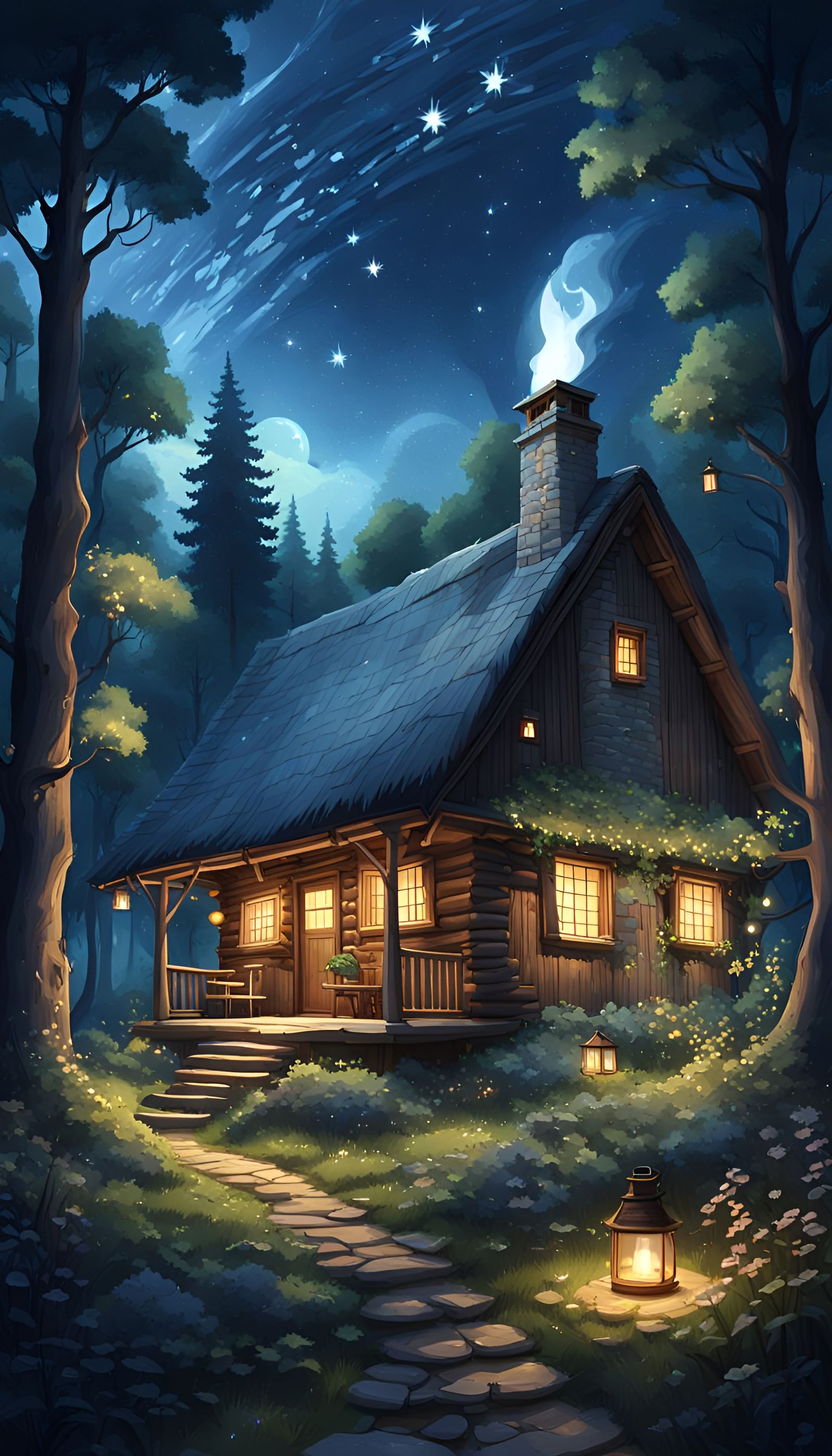 Cartoon Cabin Under Starry Sky at Night