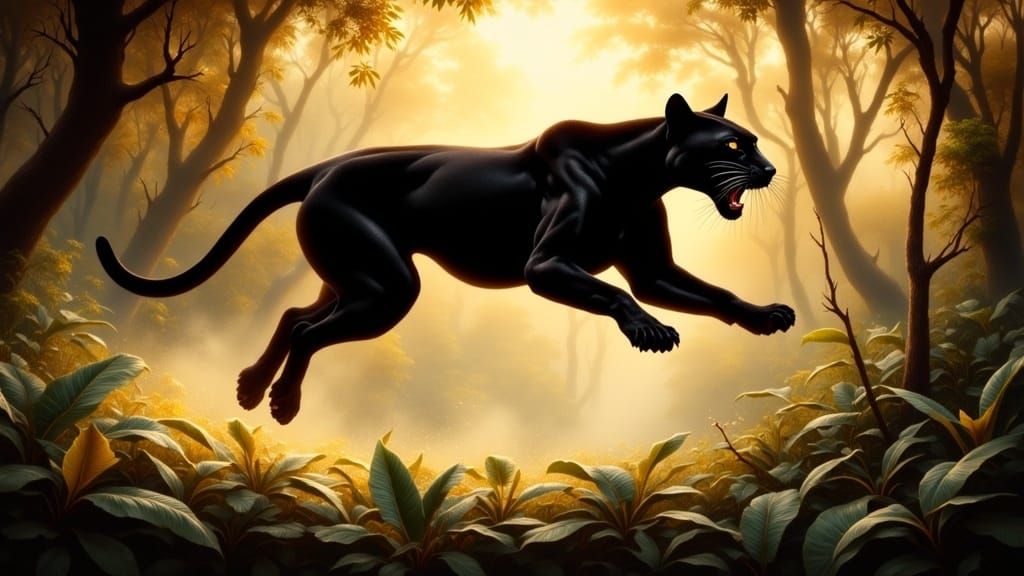 Panther in Dramatic Leap Through Golden Jungle