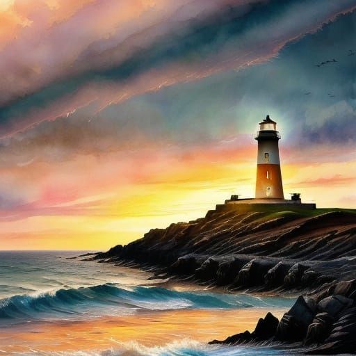 Serene Lighthouse Sunset Landscape Digital Art