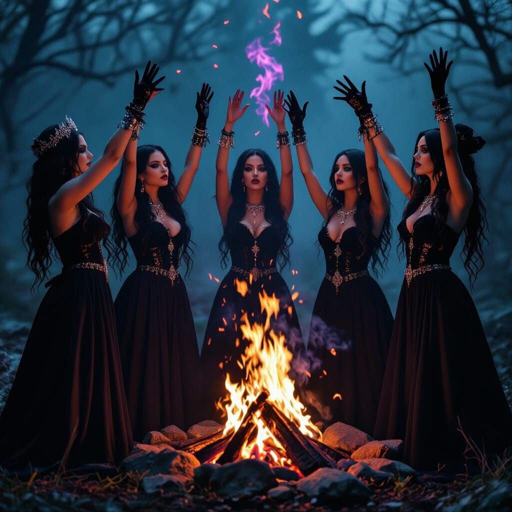 Gothic Coven Casting Spell by Bonfire