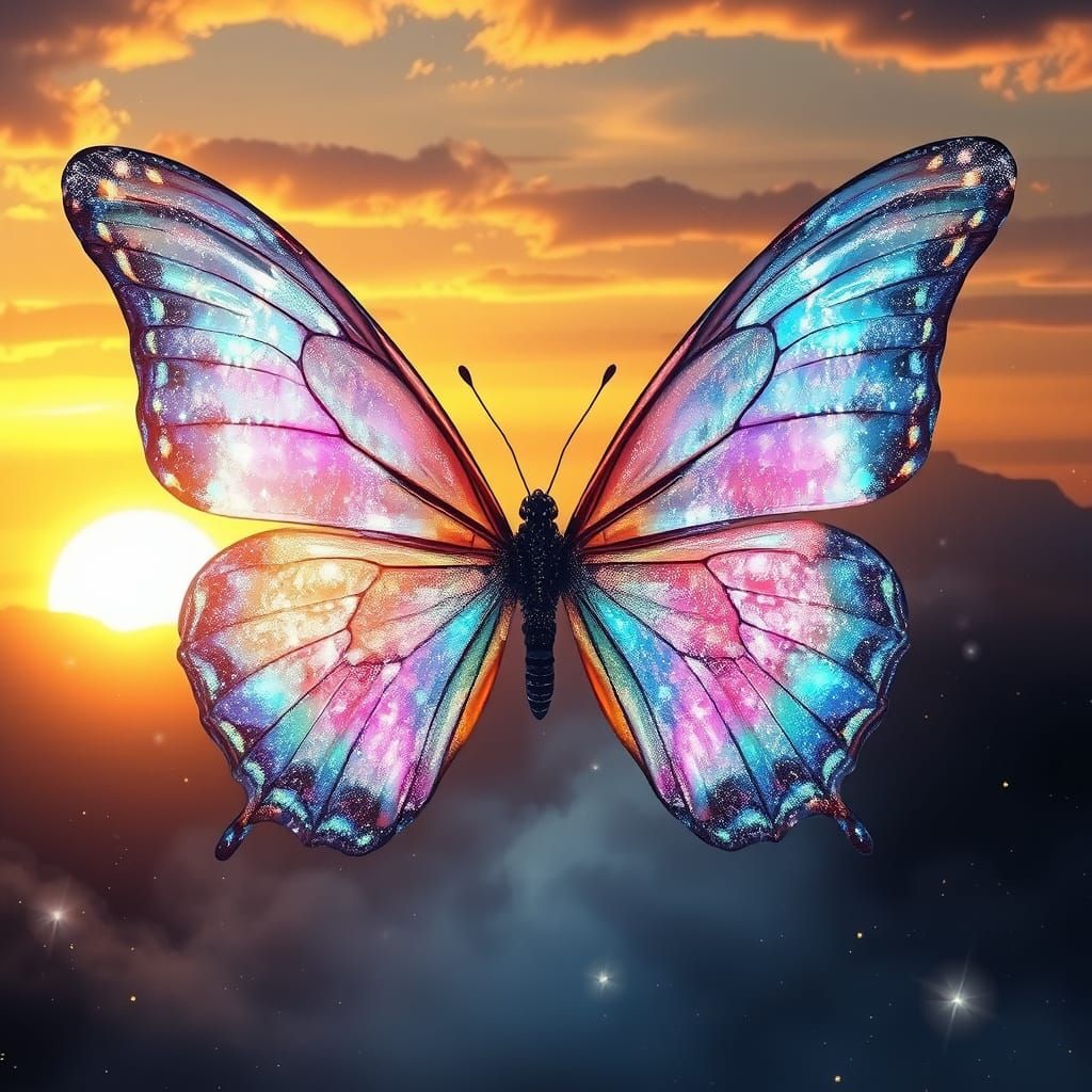 Giant Iridescent Butterfly Wings in Ethereal Sunset Sky