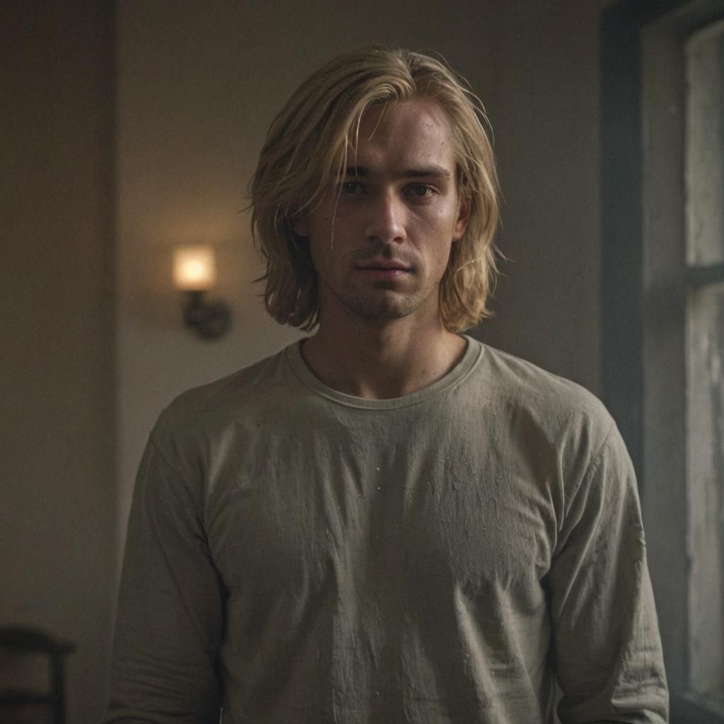 Sad Blond Man in Dimly Lit Room: Concept Art