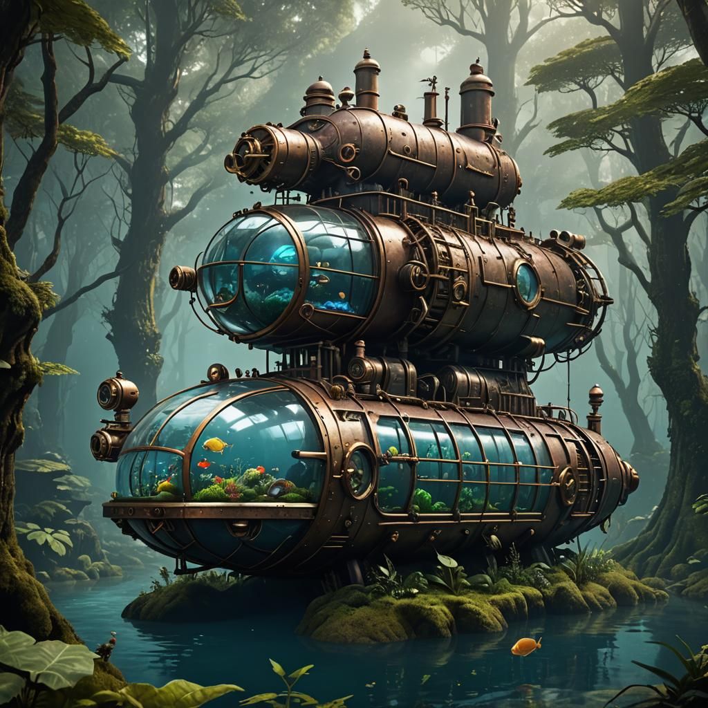 Steampunk Submarine Aquarium in Forest: Detailed Matte Paint...